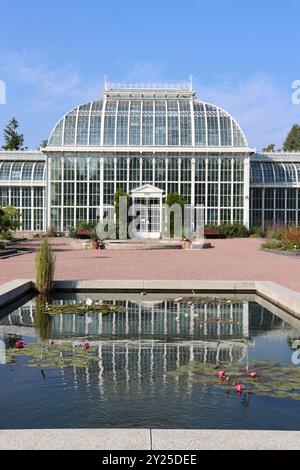 Réflexions dans l'étang devant les maisons vertes du jardin botanique de Kaisaniemi, Kaisaniemen kasvitieteellinen puutarha à Helsinki, Finlande, août 2024 Banque D'Images