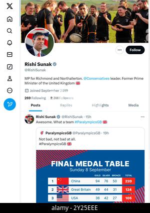 'X' - anciennement Twitter - page (septembre 2024) du député Rishi Sunak - chef du Parti conservateur et ancien premier ministre Banque D'Images