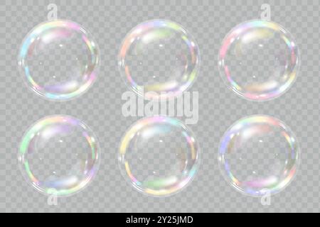 Bulles de savon spectre coloré sur un fond transparent. Bulles d'air réalistes 3D éblouissement graphique et effet de transparence. Illustration vectorielle Illustration de Vecteur