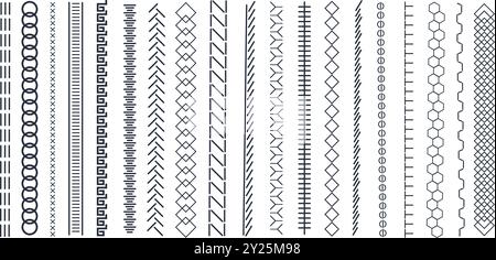 Coutures verticales sans couture. Broderie noire zigzag, lignes et motifs de couture de bordure de franges pour la conception textile, éléments de couture. Ensemble isolé de vecteur. Illustration de Vecteur