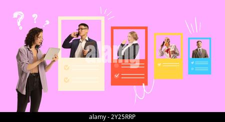 Collage d'art contemporain. Les profils des candidats sont examinés avec une approche réfléchie, mettant en valeur des personnalités uniques et le potentiel dans le processus d'évaluation des RH Banque D'Images