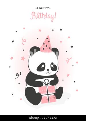 Carte de joyeux anniversaire avec adorable panda ours. Illustration vectorielle Illustration de Vecteur