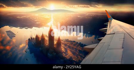 Vue sur la ville depuis la fenêtre de l'avion, paysage de coucher de soleil sur les bâtiments, la rivière et les montagnes.voyage aérien et aventures autour du monde. Banque D'Images
