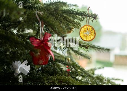 Paillettes séchées décorées en orange sur le sapin de noël. Concept de décoration DIY Banque D'Images