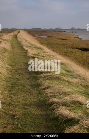 Sentier côtier en remblai le long de la rivière Ore près d'Orford, Suffolk, avec les pagodes d'essais nucléaires d'Orford Ness au-delà. Banque D'Images