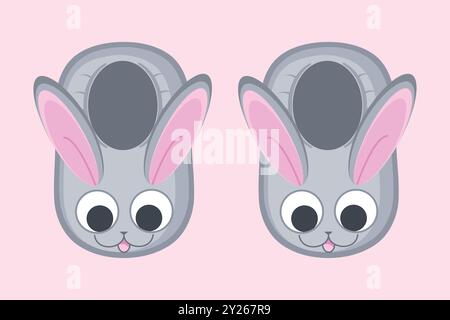 Chaussons de lapin de dessin animé mignons. Chaussons de maison doux et confortable avec visage de lapin. Illustration vectorielle Illustration de Vecteur