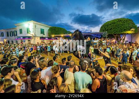 Danse traditionnelle de cheval 'Jaleo', originaire du XIVe siècle, fêtes de Sant Lluís, village de Sant Lluís, Minorque, îles Baléares, Espagne. Banque D'Images