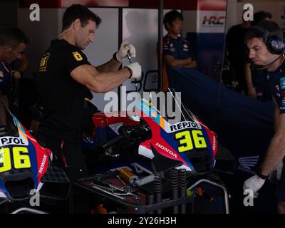 Moto de 36 Joan Mir (Spa-Repsol Honda Team) lors du MotoGP test Misano lundi, sur Misano World circuit Marco Simoncelli à Misano Adriatico le 9 septembre 2024 à Misano Adriatico, Italie. Banque D'Images