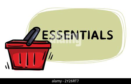 Simple autocollant dessiné à la main avec panier et texte essentiels. Illustration vectorielle pour emblème, étiquette, étiquette de prix Illustration de Vecteur