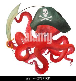 Décoration de fête pirate. Portrait isolé en cercle de pieuvre de dessin animé rouge en colère dans un chapeau de pirate, avec sabre dans un tentacule. Clipart aquarelle Banque D'Images