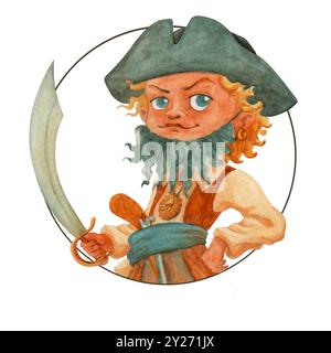 Décoration de fête pirate. Portrait isolé de garçon pirate pré-adolescent avec fausse barbe, en chapeau de pirate, tenant le sabre dans sa main droite. Clipart aquarelle Banque D'Images