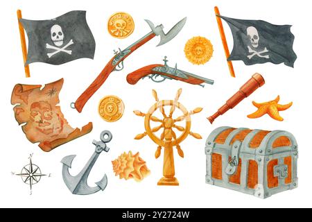 Définir si des objets pirates isolés. Éléments d'aventure en mer : Spyglass, carte au trésor, drapeaux noirs, coffre au trésor, volant, ancre, arme, pièce de monnaie Banque D'Images