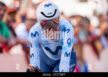 Madrid, Madrid, Espagne. 8 septembre 2024. Oier Lazkano, Espagnol et Team Movistar, réagissent après le contre-la-montre individuel du 79e Tour d'Espagne 2024 - étape 21 le 8 septembre 2024 à Madrid, Espagne. (Crédit image : © Alberto Gardin/ZUMA Press Wire) USAGE ÉDITORIAL SEULEMENT! Non destiné à UN USAGE commercial ! Banque D'Images