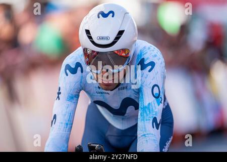 Madrid, Madrid, Espagne. 8 septembre 2024. Nelson Oliveira du Portugal et Team Movistar réagissent après le contre-la-montre individuel du 79e Tour d'Espagne 2024 - étape 21 le 8 septembre 2024 à Madrid, Espagne. (Crédit image : © Alberto Gardin/ZUMA Press Wire) USAGE ÉDITORIAL SEULEMENT! Non destiné à UN USAGE commercial ! Banque D'Images