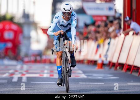 Madrid, Madrid, Espagne. 8 septembre 2024. Nelson Oliveira du Portugal et Team Movistar réagissent après le contre-la-montre individuel du 79e Tour d'Espagne 2024 - étape 21 le 8 septembre 2024 à Madrid, Espagne. (Crédit image : © Alberto Gardin/ZUMA Press Wire) USAGE ÉDITORIAL SEULEMENT! Non destiné à UN USAGE commercial ! Banque D'Images