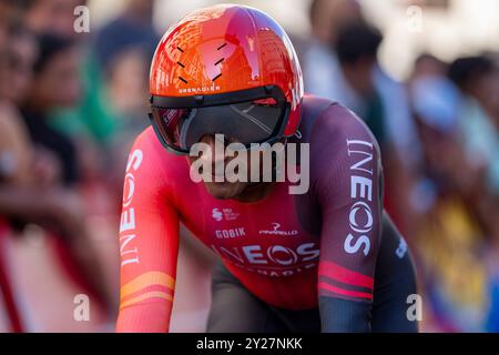 Madrid, Madrid, Espagne. 8 septembre 2024. Jhonatan Narvaez de l'Équateur et l'équipe INEOS Grenadiers réagissent après le contre-la-montre individuel du 79e Tour d'Espagne 2024 - étape 21 le 8 septembre 2024 à Madrid, Espagne. (Crédit image : © Alberto Gardin/ZUMA Press Wire) USAGE ÉDITORIAL SEULEMENT! Non destiné à UN USAGE commercial ! Banque D'Images