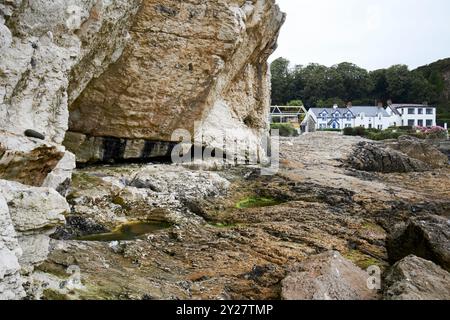 nodules de silex dans la forrmation de calcaire blanc d'ulster au-dessus de l'avion de litière altérée au-dessus de la formation de mudstone du jurassic waterloo sur le nord de l'antrim coa Banque D'Images