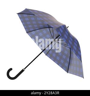 Parapluie bleu ouvert avec motif à carreaux motif écossais poignée noire couchée sur un côté ou volant, isolé sur fond blanc. Illustration 3D. Banque D'Images