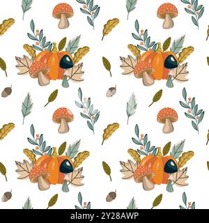 Motif d'automne vectoriel sans couture avec citrouilles, champignons, feuilles, glands et baies. Idéal pour les textiles sur le thème de l'automne, les papiers peints et saisonniers Illustration de Vecteur