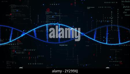 Image de traitement de données numériques et brin d'adn sur fond noir Banque D'Images