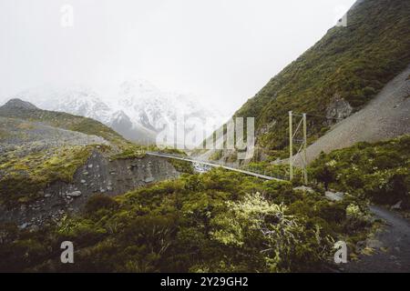 Pont suspendu au-dessus d'une gorge entre des montagnes verdoyantes boisées, Hooker Valley Track, Nouvelle-Zélande, Océanie Banque D'Images