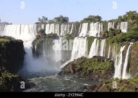 Chutes d'eau d'Iguassu par une journée ensoleillée tôt le matin. Les plus grandes cascades sur terre Banque D'Images