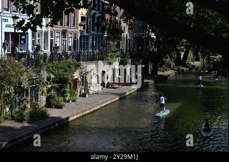 Stand-up paddle sur l'Oudegracht, Utrecht, pays-Bas Banque D'Images