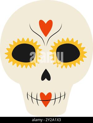 Sugar Skull visages décoratifs avec des coeurs, des lignes et des fleurs abstraites autour des yeux. Tradition mexicaine. Illustration vectorielle isolée sur cartes blanches, affiches, bannière, dépliant, étiquette ou web, concept promo Illustration de Vecteur