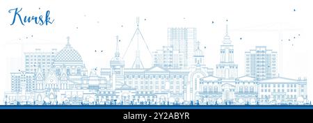 Esquissez l'horizon de la ville de Kursk Russie avec des bâtiments bleus. Illustration vectorielle. Paysage urbain de Koursk avec des points de repère. Illustration de Vecteur