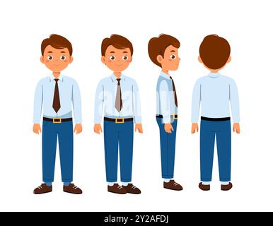 Homme d'affaires constructeur. Homme d'affaires en costume. Kit pour créer des dessins animés. Pack de caractère dans divers angles. Entrepreneuriat et affaires. Plat Illustration de Vecteur