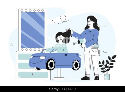 Concept de coiffeur pour enfants. Femme avec sèche-cheveux, peigne et ciseaux fait coiffure élégante pour fille. Beauté, esthétique et élégance. Linéaire Illustration de Vecteur
