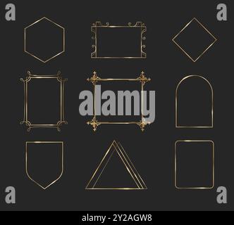 Cadre fin doré. Vecteur de bordure de ligne de forme rectangle de luxe. Élégant élément carré art déco pour un design vintage haut de gamme. Anniversaire ou mariage cadre d'ornement chic et minimal avec gradient métallique Illustration de Vecteur