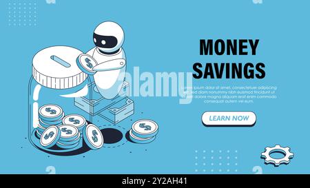 Affiche de bot d'économies d'argent isométrique. Bot Internet avec pot en verre avec pièces de monnaie. Assistant virtuel et assistant avec budget. Littératie financière. Atterrissage Illustration de Vecteur