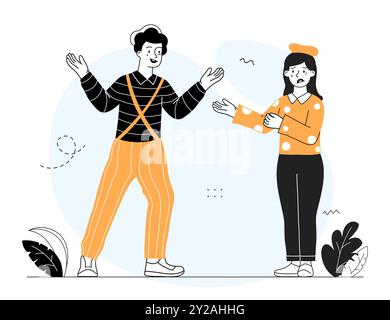 Pantomimist Performing concept. L'homme et la femme avec de la peinture de visage exécutent la performance dans la rue. Artistes de rue français traditionnels. Vecteur linéaire Illustration de Vecteur