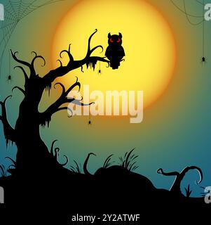 Fichier vectoriel eps, hibou sombre effrayant assis sur un arbre mort devant une pleine lune avec d'autres éléments illustrés effrayants pour fond de fête d'Halloween l Illustration de Vecteur