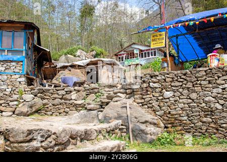 Le village de trekking de Landslide Lodge dans la vallée du Langtang Banque D'Images