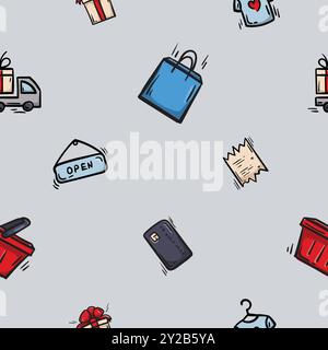 Modèle transparent vectoriel simple avec vente, vendredi noir, icônes de shopping. Fond sans fin pour papier d'emballage Illustration de Vecteur