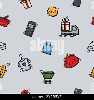 Modèle simple sans couture avec des signes, des symboles de shopping, vendredi noir, vente, supermarché. Arrière-plan sans fin pour l'impression Illustration de Vecteur