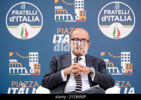 Roma, Italie. 06 juillet 2024. Il Ministro della Cultura Gennaro Sangiuliano interviene alla festa di Fratelli d'Italia Roma FDI, Piazza Italia, in Piazza Vittorio a Roma, Sabato 06 Luglio 2024 (foto Mauro Scrobogna/LaPresse) le ministre de la culture Gennaro Sangiuliano prend la parole à la fête Fratelli d'Italia Roma FDI, Piazza Italia, in Piazza Vittorio à Rome, 06 juillet 2024. (Photo de Mauro Scrobogna/LaPresse) crédit : LaPresse/Alamy Live News Banque D'Images