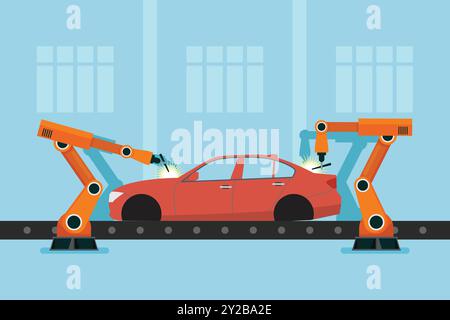 Processus de fabrication de véhicules les bras robotiques aident la production automobile. aperçu de l'industrie de la robotique automobile et électronique. usine intelligente i Illustration de Vecteur