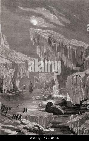 L'expédition perdue du HMS Erebus et du HMS Terror of Franklin, 1845 - 1847, navigue à travers la glace de l'Arctique. Extrait du Tour du monde, paru à Paris, 1860. Banque D'Images