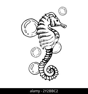 Hippocampe avec des bulles d'air noir et blanc Illustration de Vecteur