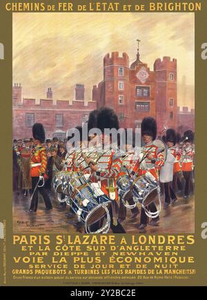 Chemins de fer de L'État et de Brighton. Paris – Lazare à Londres de Maurice Toussaint (1882-1974). Affiche publiée en 1914 en France. Banque D'Images