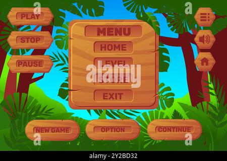 Interface de jeu en bois. Menu de lecture de dessin animé. Conception de l'emplacement de la jungle. Ressources d'écran. Boutons et matrices en contreplaqué. Interaction interactive. Niveau arcade Illustration de Vecteur