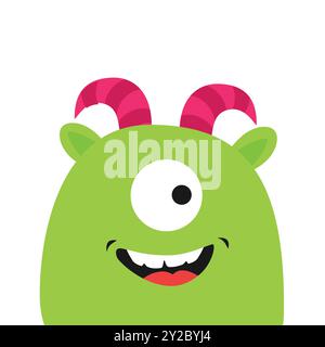 Tête de visage de monstre mignon. Joyeux Halloween. Kawaii drôle de personnage de monstre de bébé vert isolé sur fond blanc. Pour l'impression d'autocollants. Monstre avec des yeux, Illustration de Vecteur