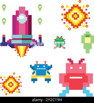 Personnages et objets colorés pixellisés sur le thème de l'espace Illustration de Vecteur
