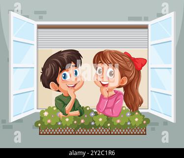 Deux enfants souriants et appuyés sur un rebord de fenêtre Illustration de Vecteur