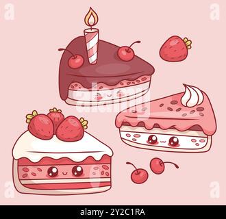 Mignon morceau de gâteau d'anniversaire. Nourriture douce de personnage de dessin animé kawaii. Dessert isolé cuit avec glaçage et fraises et avec cerises et canette festive Illustration de Vecteur