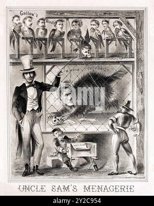 Dessin animé de l'oiseau de Gallow ou de la ménagerie de l'oncle Sam. 1865 - les conspirateurs de Lincoln sont dépeints comme 'Gallow's Bird' avec leurs têtes dans les nois Banque D'Images