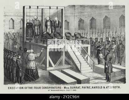 Exécution des quatre conspirateurs (l'Assassinaton d'Abraham Lincoln) MRS Surrat, Payne, Harold et Atzeroth. À Washington, D. C., le 7 juillet 1865 Banque D'Images